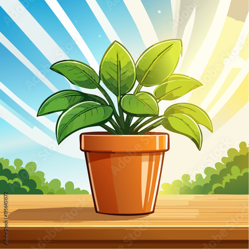 Kleine Zimmerpflanze in modernem Topf auf Holztisch