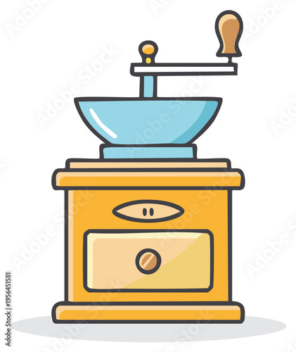 Colorful vector illustration of a vintage manual coffee bean grinder with a hand crank