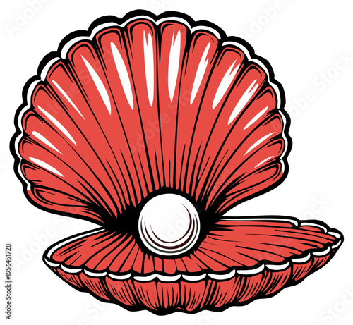 Graphic illustration of a red open seashell holding a valuable pearl