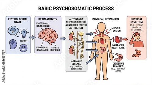 The basic psychosomatic process from psychological state to physical symptoms through brain activity and autonomic nervous system.