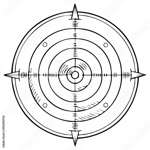 Circular targeting reticle with crosshairs and compass points in a graphic illustration style