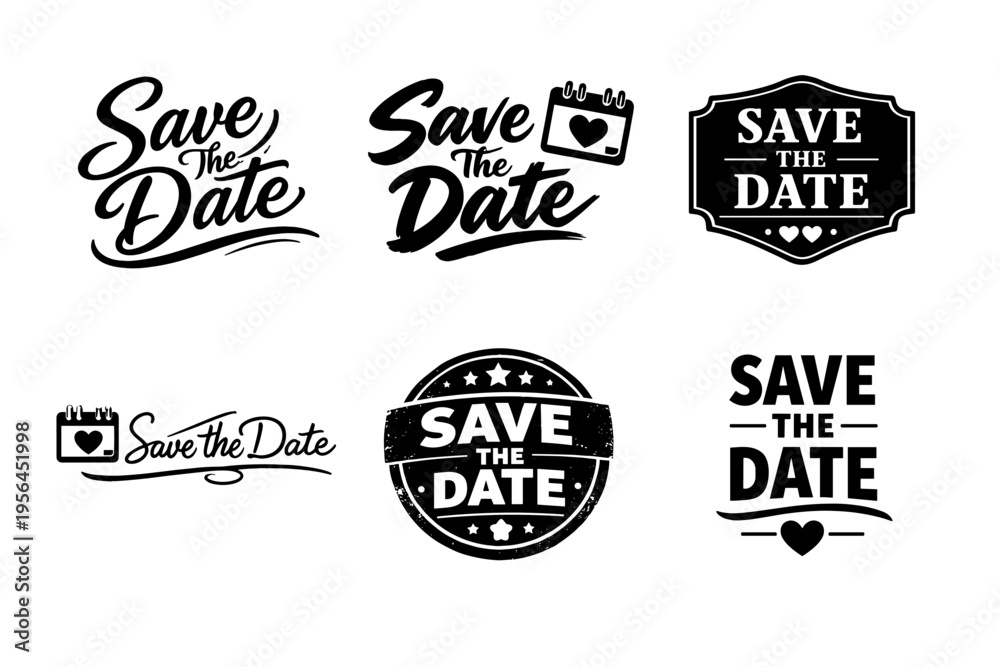 Obraz premium Save the date icons collection with decorative lettering and heart accents