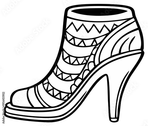 Zentangle style high heel ankle boot with ethnic patterns for a coloring page