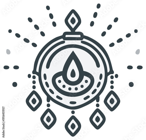 Diya lamp with ornate circular design and hanging diamond shapes for Diwali festival