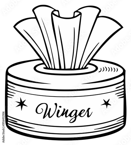Drawing of Round Container for Wet Wipes With Star Decorations And White Tissues Popping Out With a Banded Design.