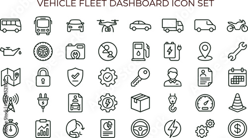 Vehicle fleet dashboard outline icon set featuring transportation tracking maintenance navigation analytics interface symbols for logistics management applications