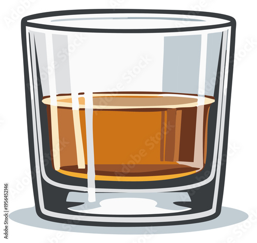 Cartoon illustration of a short glass filled with amber liquid showing liquor
