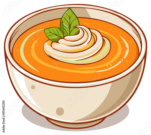 Bowl of vegetable soup with cream and basil illustration for food design projects, cooking blogs and recipe cards.