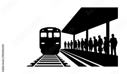 Train Station Passenger Silhouette Black and White Vector Railway Transport Scene