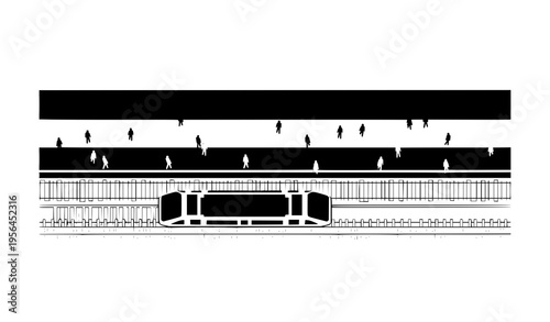Abstract Train Line Station with Passengers Black and White Vector Top View Minimal Design