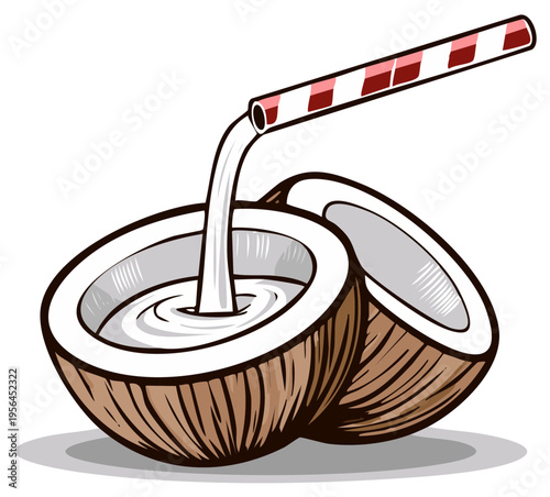 Refreshing coconut drink pouring from a striped straw illustration healthy beverage exotic fruit halved tropical nutrition refreshing beverage