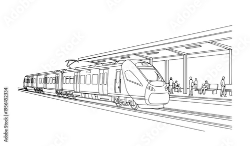 Black and White Train Station with Passengers Line Art Vector Railway Transport Illustration