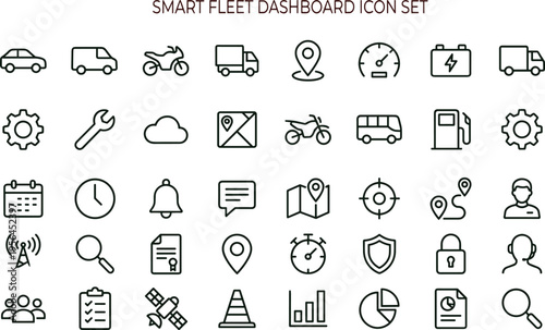 Smart fleet dashboard outline icon set featuring vehicle tracking navigation analytics maintenance security interface symbols for transportation management applications