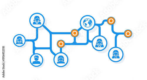 Network connection flowchart with people icons and globe
