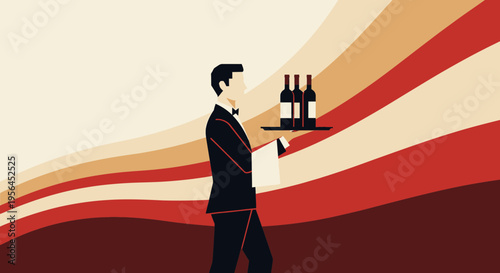 Elegant waiter carrying a tray with wine bottles in a stylish retro background design