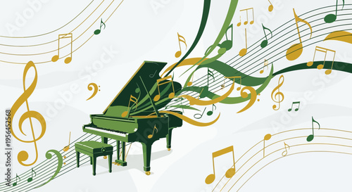 Elegant vector illustration of a grand piano with musical notes and flowing lines, vibrant