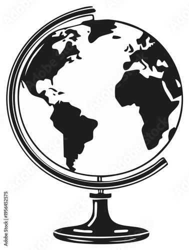 Black and white illustration of a globe, a vintage world map