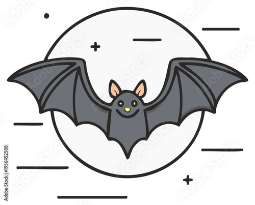 Cartoon bat with spread wings in front of a full moon for Halloween and nocturnal themed designs