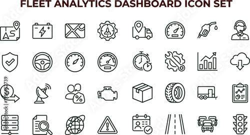 Fleet analytics dashboard outline icon set featuring vehicle tracking performance monitoring logistics data interface symbols for transportation applications