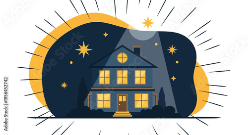Enchanting twilight residence under starry sky illustration with glowing windows radiating warmth