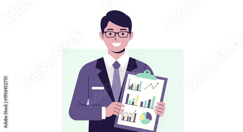 Energetic business analyst presenting data report with enthusiasm and positive expression
