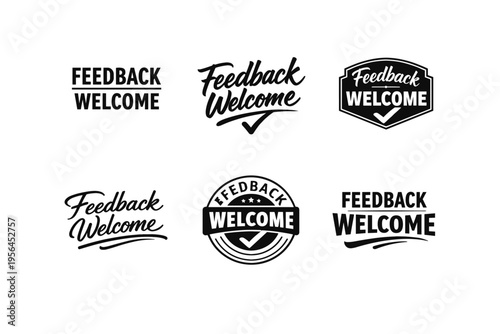 Variety of 'feedback welcome' badges with checkmarks and stars