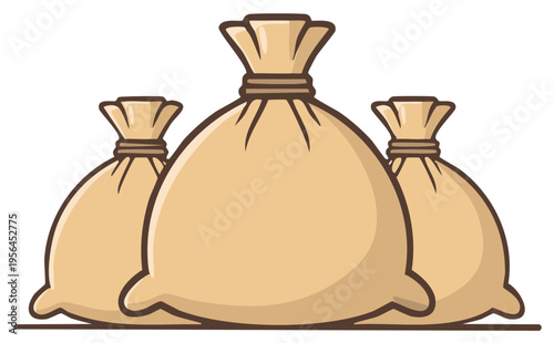 Three Tied Sacks Cartoon Illustration Symbolizing Wealth, Abundance, or Harvest