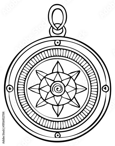 Ornate antique compass rose pendant with decorative detailing and central swirl symbol