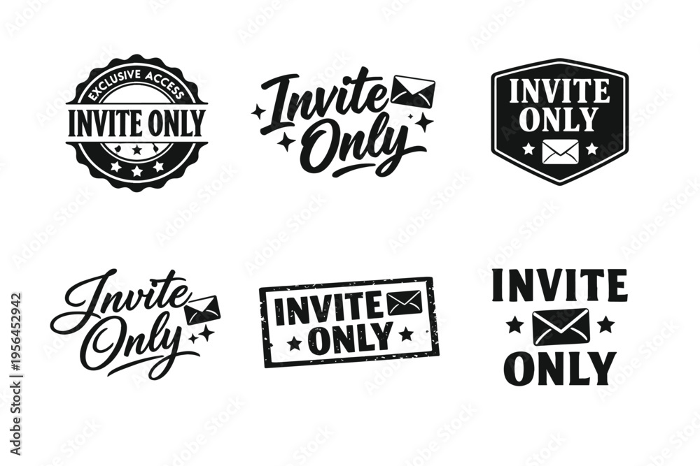 Fototapeta premium Black and white invite only badges with envelope icons and bold typography