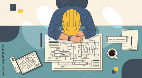 Engineer exhausted at the desk with blueprints, tablet and coffee, illustrating work fatigue and