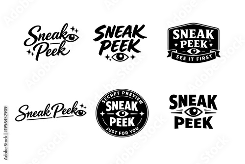 Six sneak peek logos with eye graphics in black and white design