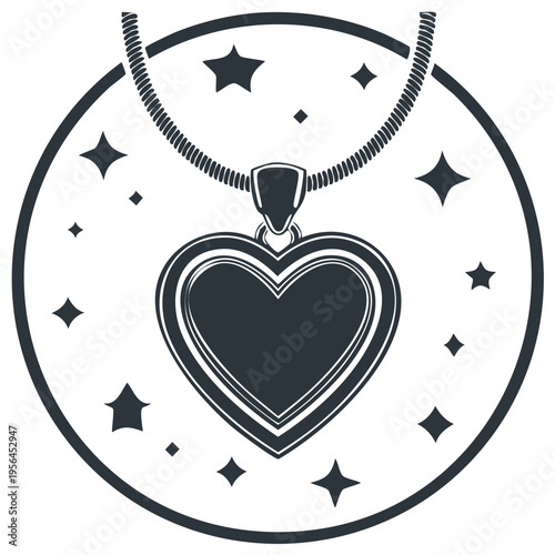 Heart shaped pendant necklace encircled by stars, stylized monochrome emblem for jewelry store.