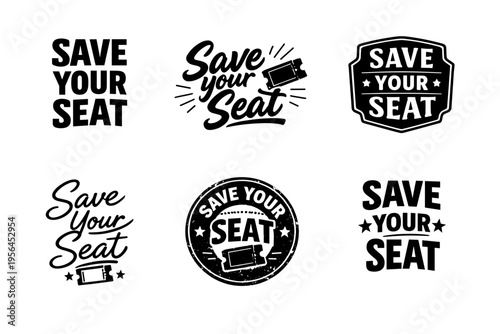 Collection of save your seat designs with ticket graphics and stars