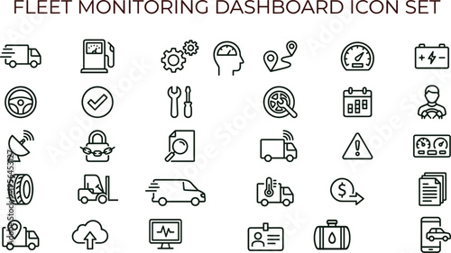 Fleet monitoring dashboard outline icon set with vehicle tracking maintenance diagnostics navigation security logistics interface symbols for web applications
