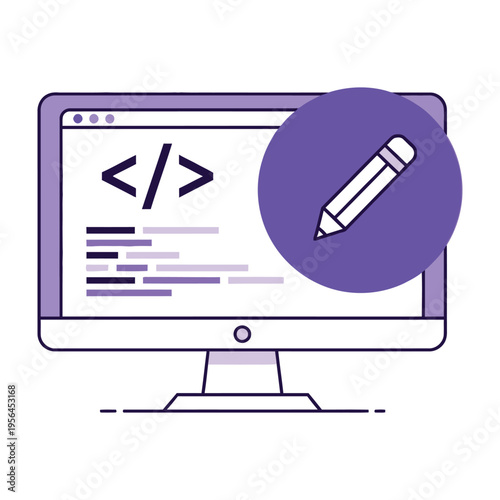 Computer screen with coding symbols and a purple pencil icon for web development