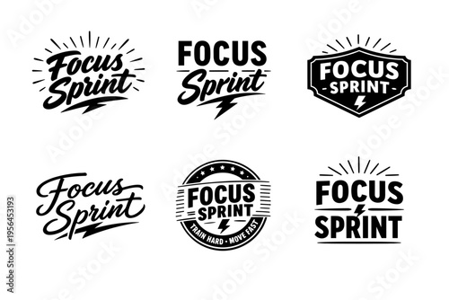 Focus sprint logos with dynamic typography and lightning motif