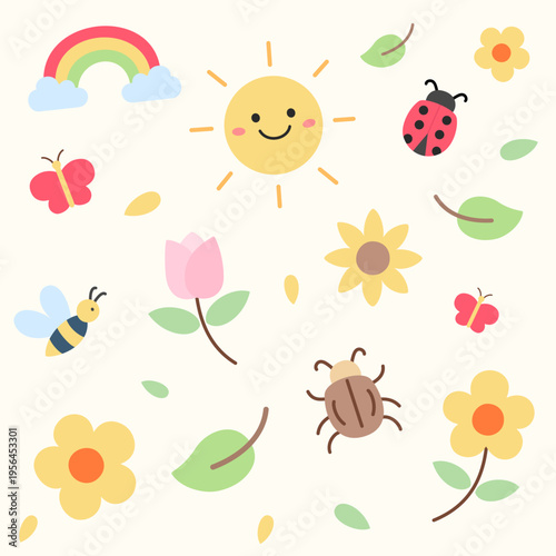 Cute spring and summer nature vector elements. Cartoon sun, rainbow, butterfly, bee, ladybug, flowers, leaves on soft neutral background. Playful kids sticker theme.