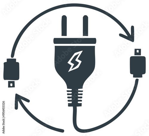 Electric plug and cable with lightning bolt symbol and connecting arrows