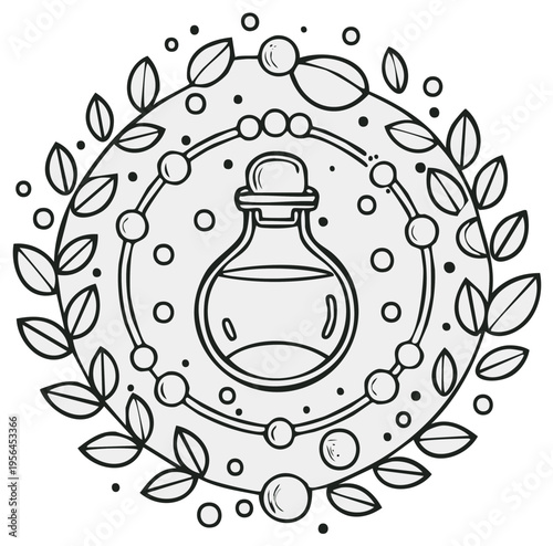 Whimsical potion bottle illustration with botanical border and decorative circles symbolizing magic and nature