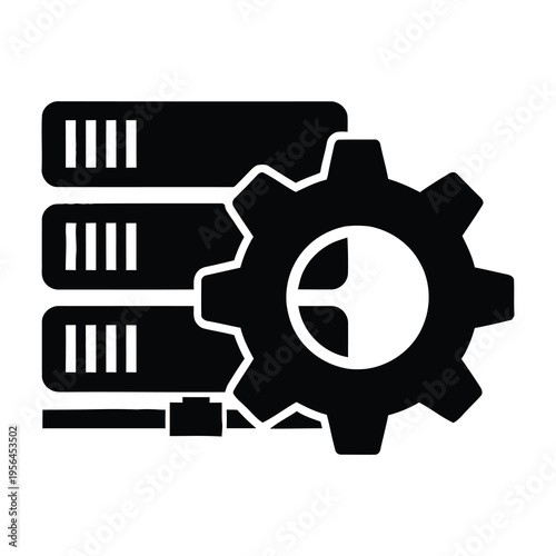 Black servers with gear icon on white background symbolizing data storage and mechanical processing