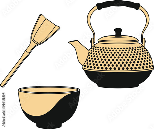 A collection of traditional japanese tea ceremony utensils including a teapot a bowl and a scoop