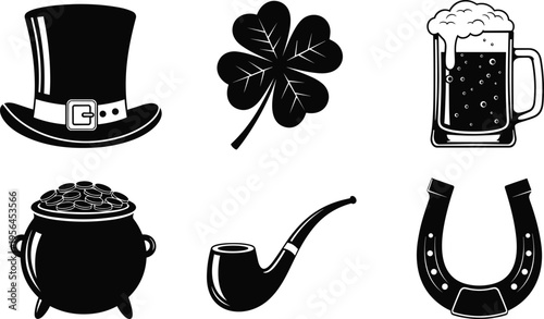Collection of six black and white Irish icons including leprechaun hat, shamrock, beer mug, pot of gold, pipe, and horseshoe for festive design projects