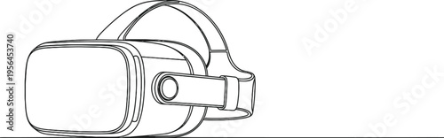 A clean line art illustration of a virtual reality headset resting on a flat horizontal surface