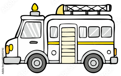 Cartoon white fire engine vehicle with ladder and flashing light side view illustration