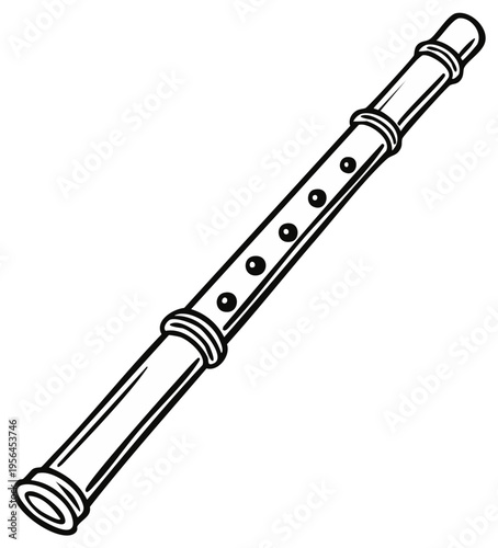Woodwind instrument illustration; Black and white recorder drawing; Musical instrument vector
