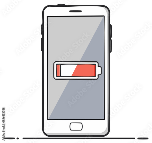 Smartphone battery low icon design. Mobile phone with empty battery indicator.