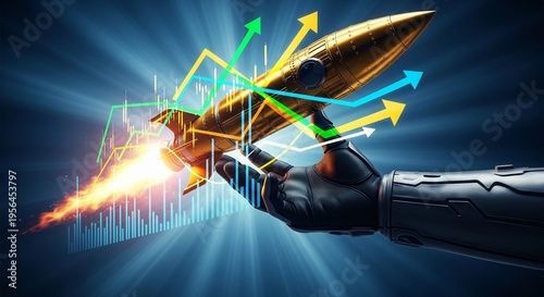 Wallpaper Mural A robotic hand launches a gold rocket with colorful graphs and arrows. Torontodigital.ca