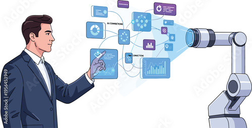 Professional Businessman Interacting with Digital Data Analytics Hologram Projected by a Robotic Arm Representing Advanced Artificial Intelligence and Industrial Automation