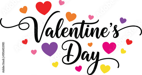 Festive Valentine’s Day vector illustration with elegant cursive lettering and colorful hearts in red, pink, purple, orange, and yellow, perfect for romance and celebration.