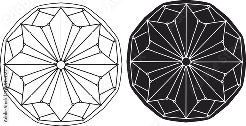 Pair of complex geometric circular diagrams with polygons, radial symmetry, and nodes in black-and-white inverse styles for mathematical and design projects